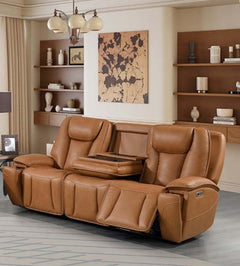 Kanab Saddle Fabric Triple Power Reclining Sofa with Drop-Down Table - Ornate Home