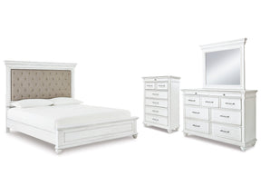 Kanwyn Whitewash Cal King Upholstered Panel Bedroom Set with Dresser, Mirror and Chest (Online Special Price) - Ornate Home