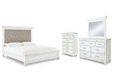Kanwyn Whitewash Cal King Upholstered Panel Bedroom Set with Dresser, Mirror and Chest - Ornate Home