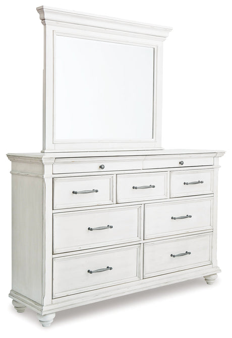 Kanwyn Whitewash Cal King Upholstered Panel Bedroom Set with Dresser, Mirror and Chest - Ornate Home
