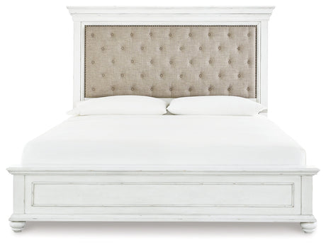 Kanwyn Whitewash Cal King Upholstered Panel Bedroom Set with Dresser, Mirror and Chest - Ornate Home