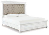 Kanwyn Whitewash Cal King Upholstered Panel Bedroom Set with Dresser, Mirror and Chest - Ornate Home