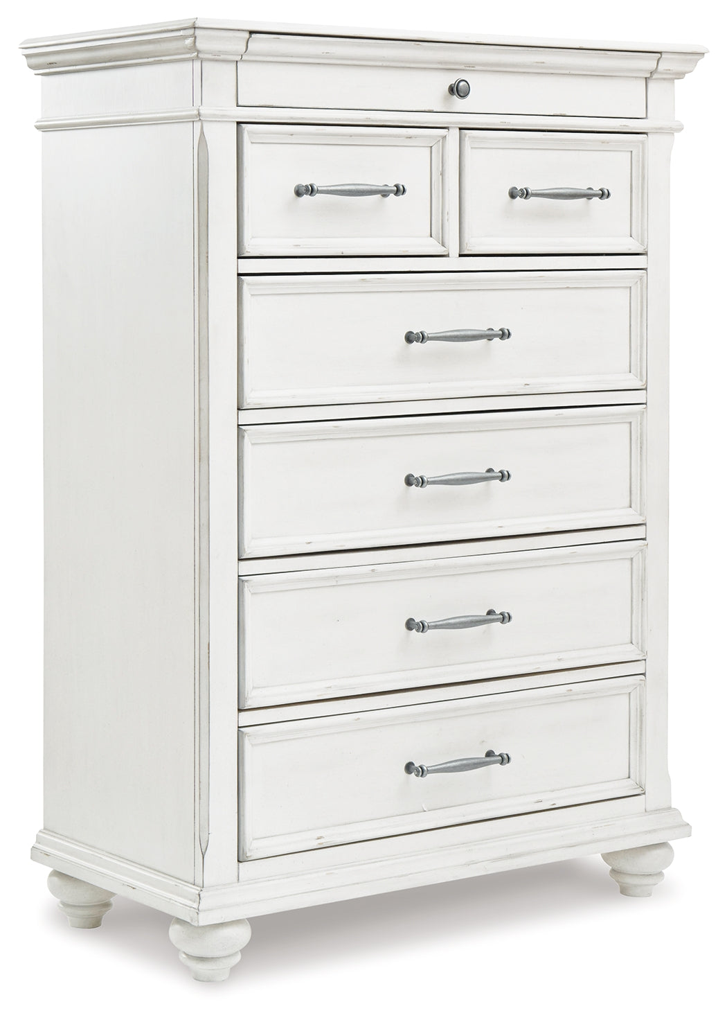 Kanwyn Whitewash Cal King Upholstered Panel Bedroom Set with Dresser, Mirror and Chest - Ornate Home