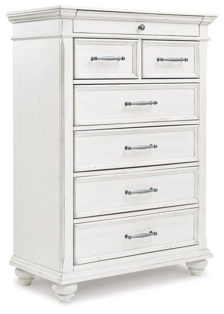 Kanwyn Whitewash Cal King Upholstered Panel Bedroom Set with Dresser, Mirror and Chest - Ornate Home