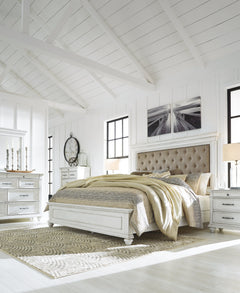 Kanwyn Whitewash Cal King Upholstered Panel Bedroom Set with Dresser, Mirror and Chest - Ornate Home