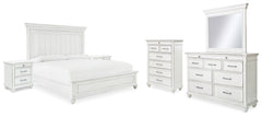 Kanwyn Whitewash King Panel Bedroom Set with Dresser, Mirror, Chest and 2 Nightstands - Ornate Home