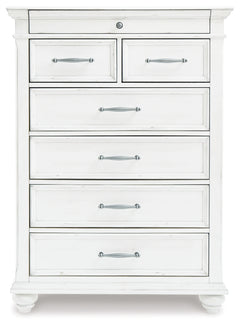 Kanwyn Whitewash King Panel Bedroom Set with Dresser, Mirror, Chest and 2 Nightstands - Ornate Home