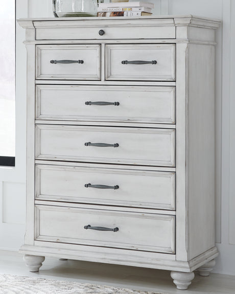 Kanwyn Whitewash King Panel Bedroom Set with Dresser, Mirror, Chest and 2 Nightstands - Ornate Home
