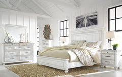Kanwyn Whitewash King Panel Bedroom Set with Dresser, Mirror, Chest and 2 Nightstands - Ornate Home