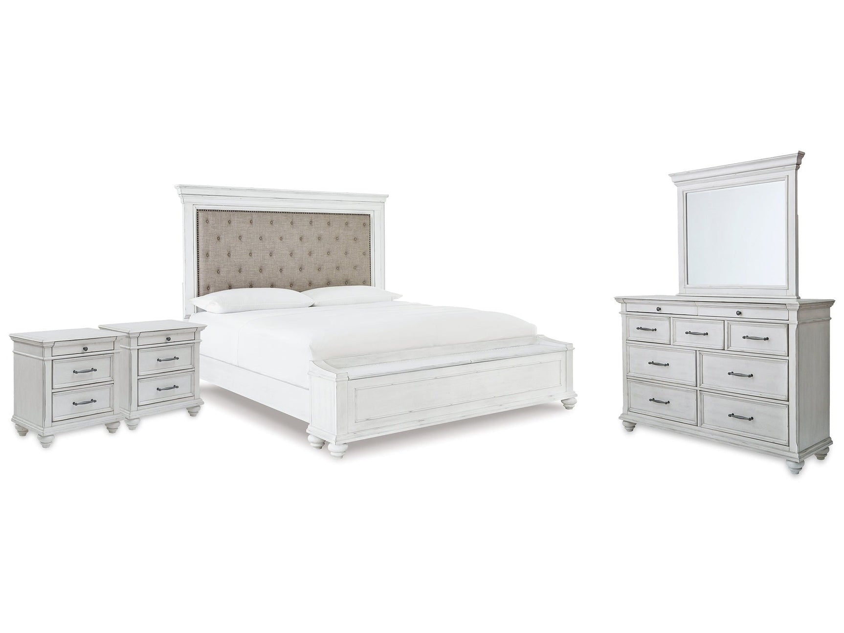Kanwyn Whitewash King Panel Bedroom Set with Dresser, Mirror and 2 Nightstands (Online Special Price) - Ornate Home