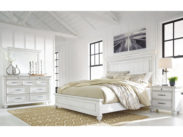 Kanwyn Whitewash King Panel Bedroom Set with Dresser, Mirror and 2 Nightstands - Ornate Home