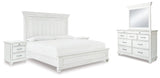 Kanwyn Whitewash King Panel Bedroom Set with Dresser, Mirror and 2 Nightstands - Ornate Home