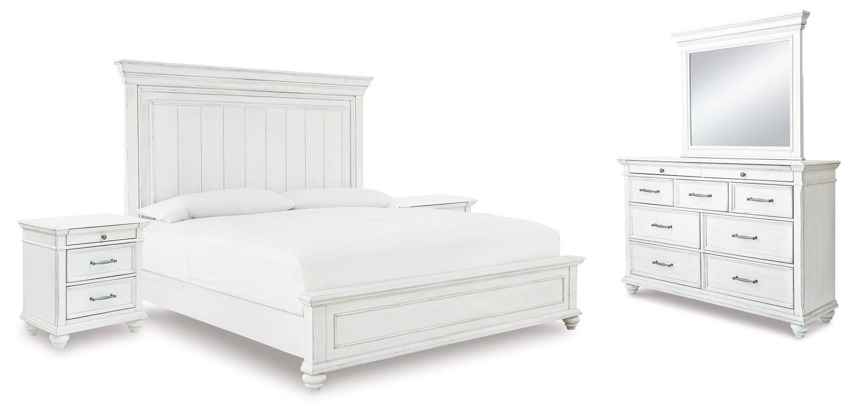 Kanwyn Whitewash King Panel Bedroom Set with Dresser, Mirror and 2 Nightstands - Ornate Home