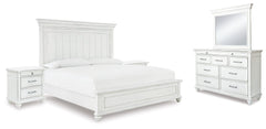 Kanwyn Whitewash King Panel Bedroom Set with Dresser, Mirror and 2 Nightstands - Ornate Home