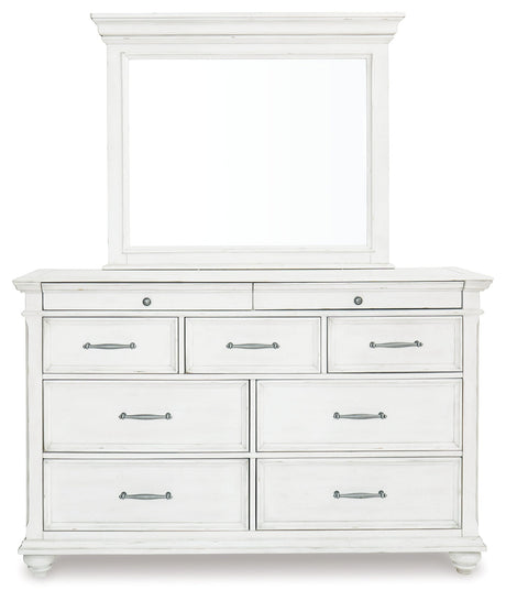 Kanwyn Whitewash King Panel Bedroom Set with Dresser, Mirror and 2 Nightstands - Ornate Home