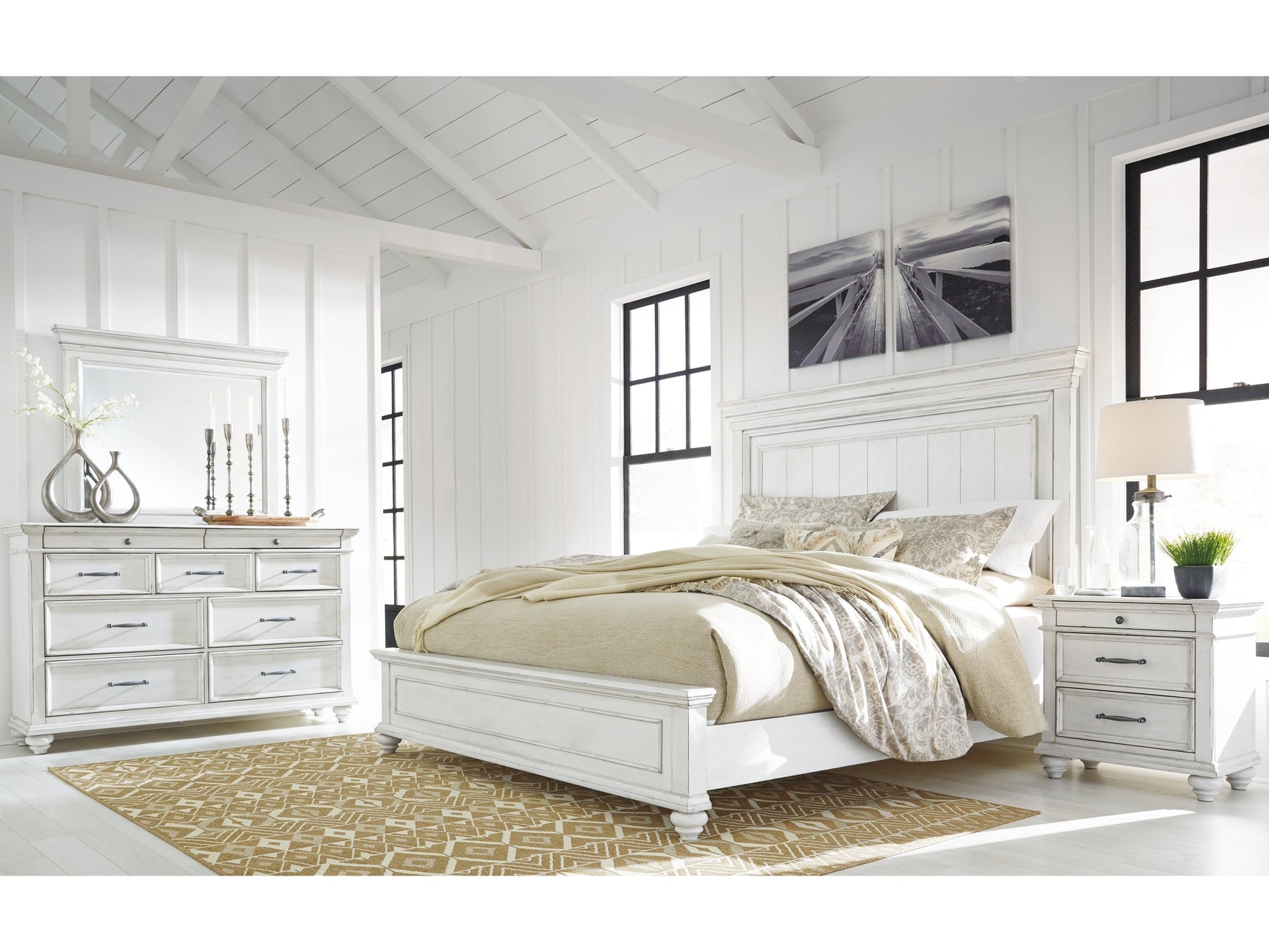 Kanwyn Whitewash King Panel Bedroom Set with Dresser, Mirror and Nightstand - Ornate Home