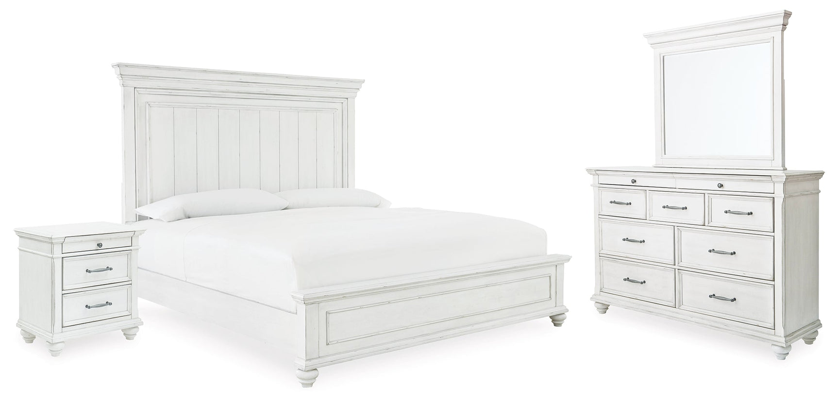 Kanwyn Whitewash King Panel Bedroom Set with Dresser, Mirror and Nightstand - Ornate Home