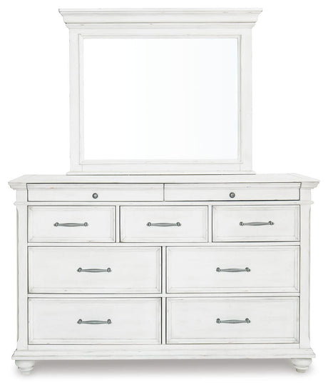 Kanwyn Whitewash King Upholstered Panel Bed, Dresser and Mirror - Ornate Home