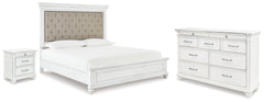Kanwyn Whitewash King Upholstered Panel Bed, Dresser and Nightstand - Ornate Home
