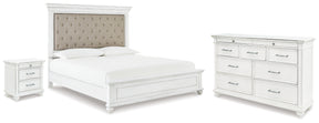 Kanwyn Whitewash King Upholstered Panel Bed, Dresser and Nightstand - Ornate Home