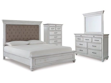 Kanwyn Whitewash King Upholstered Panel Bedroom Set with Dresser, Mirror and Chest - Ornate Home