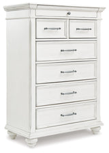 Kanwyn Whitewash King Upholstered Panel Bedroom Set with Dresser, Mirror and Chest - Ornate Home