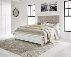 Kanwyn Whitewash King Upholstered Panel Bedroom Set with Dresser, Mirror and Chest - Ornate Home