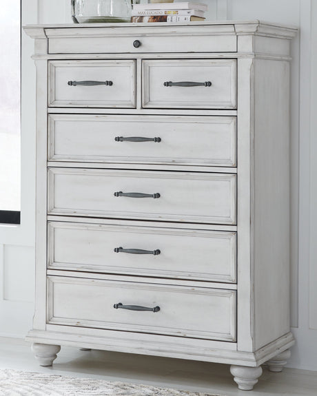 Kanwyn Whitewash King Upholstered Panel Bedroom Set with Dresser, Mirror and Chest - Ornate Home
