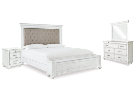 Kanwyn Whitewash King Upholstered Storage Bedroom Set with Dresser, Mirror and Nightstand - Ornate Home