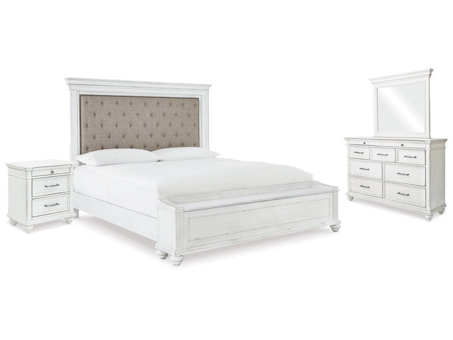 Kanwyn Whitewash King Upholstered Storage Bedroom Set with Dresser, Mirror and Nightstand - Ornate Home