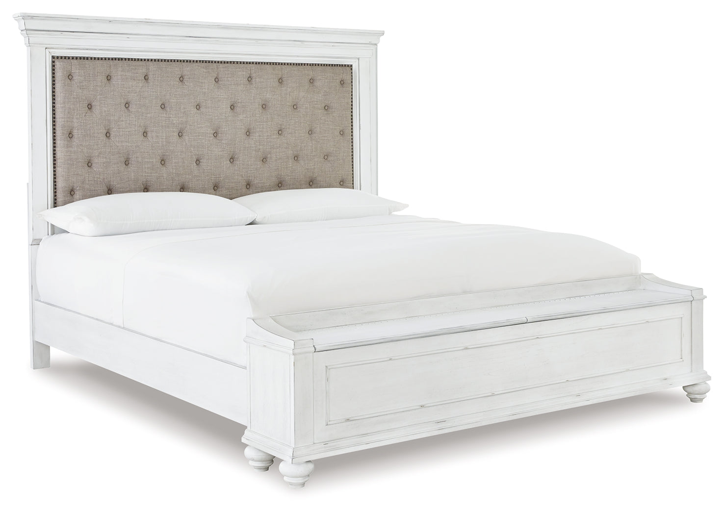 Kanwyn Whitewash King Upholstered Storage Bedroom Set with Dresser, Mirror and Nightstand - Ornate Home