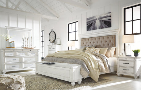 Kanwyn Whitewash King Upholstered Storage Bedroom Set with Dresser, Mirror and Nightstand - Ornate Home