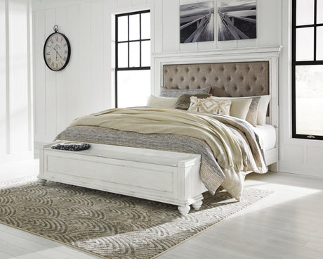Kanwyn Whitewash King Upholstered Storage Bedroom Set with Dresser, Mirror and Nightstand - Ornate Home