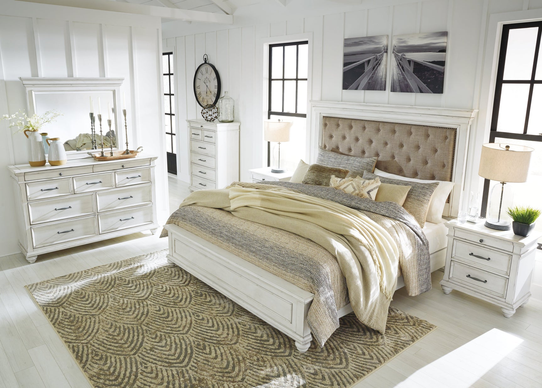 Kanwyn Whitewash Queen Panel Bed w/Dresser & Mirror (Online Special Price) - Ornate Home