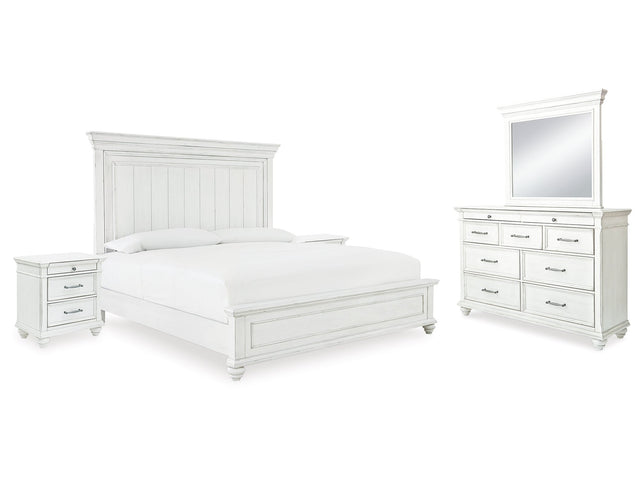 Kanwyn Whitewash Queen Panel Bedroom Set with Dresser, Mirror and 2 Nightstands - Ornate Home