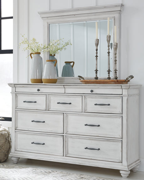 Kanwyn Whitewash Queen Panel Bedroom Set with Dresser, Mirror and 2 Nightstands - Ornate Home