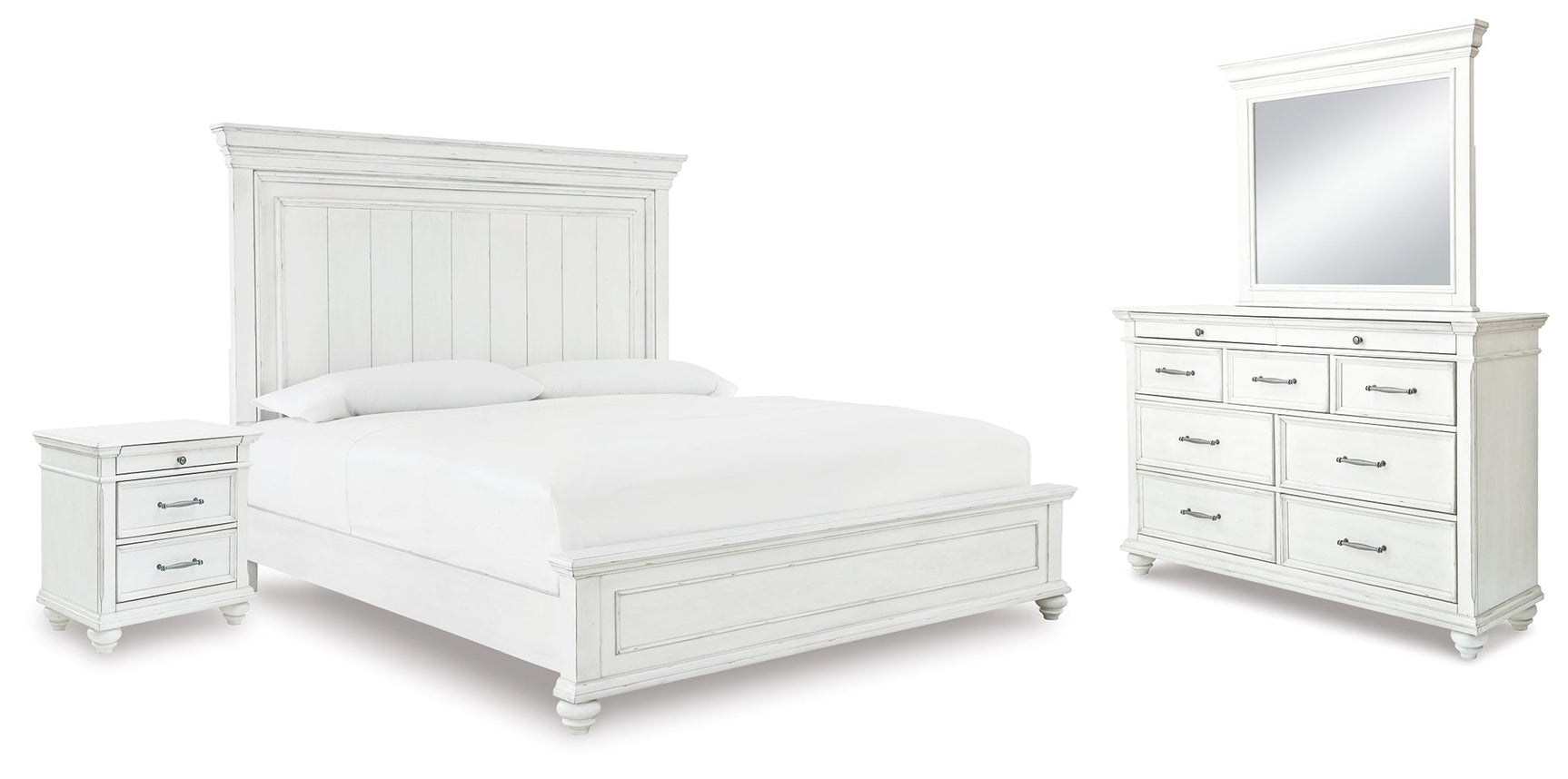 Kanwyn Whitewash Queen Panel Bedroom Set with Dresser, Mirror and Nightstand - Ornate Home