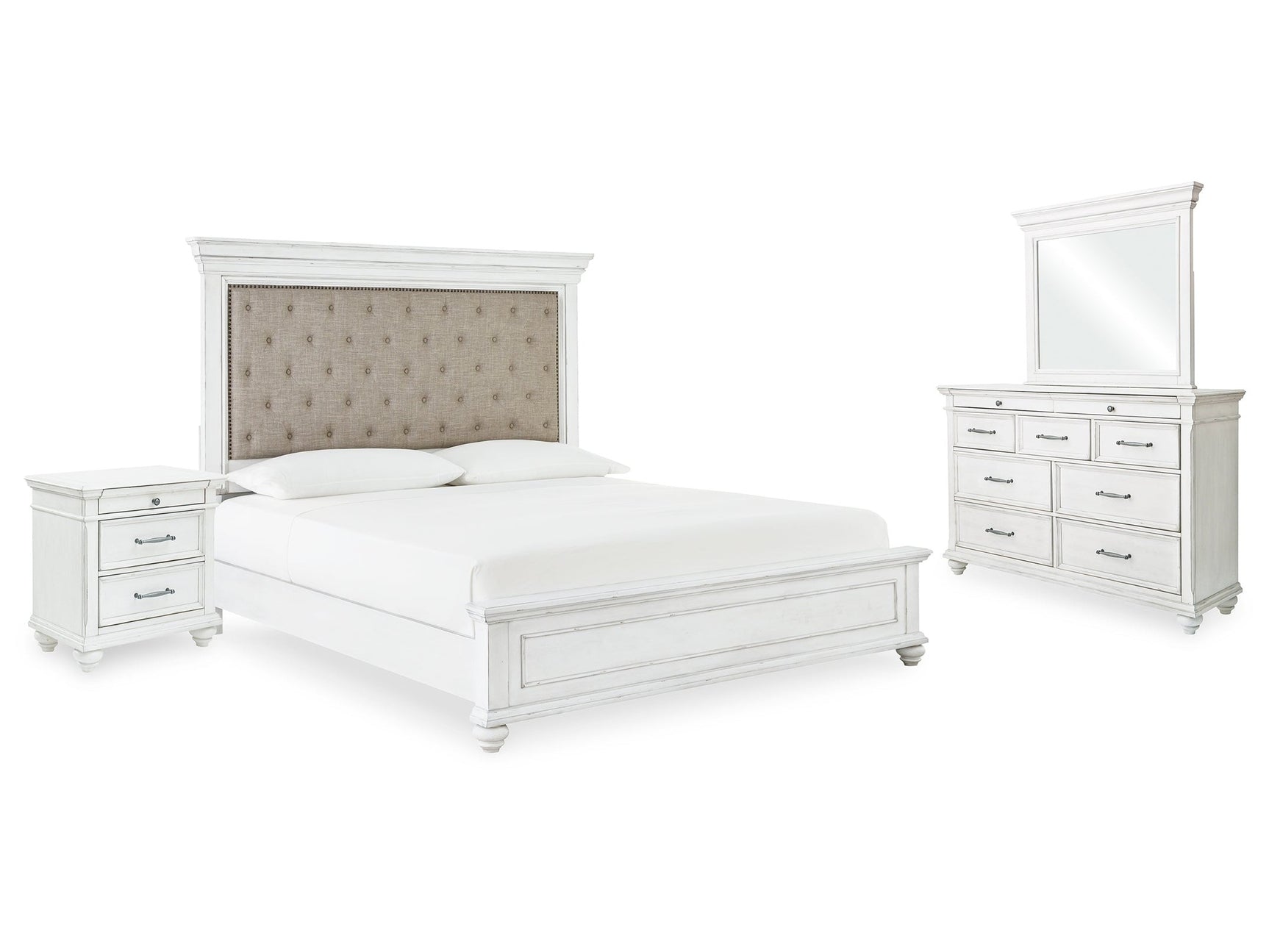 Kanwyn Whitewash Queen Upholstered Panel Bedroom Set with Dresser, Mirror, and Nightstand (Online Special Price) - Ornate Home