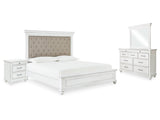Kanwyn Whitewash Queen Upholstered Panel Bedroom Set with Dresser, Mirror, and Nightstand - Ornate Home