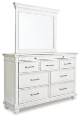 Kanwyn Whitewash Queen Upholstered Panel Bedroom Set with Dresser, Mirror, and Nightstand - Ornate Home