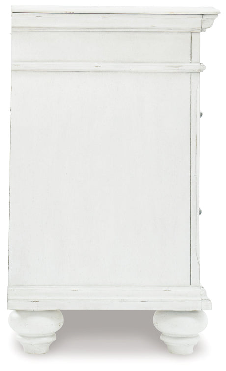 Kanwyn Whitewash Queen Upholstered Panel Bedroom Set with Dresser, Mirror, and Nightstand - Ornate Home