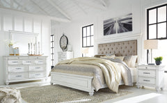 Kanwyn Whitewash Queen Upholstered Panel Bedroom Set with Dresser, Mirror, and Nightstand - Ornate Home