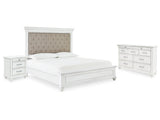 Kanwyn Whitewash Queen Upholstered Panel Bedroom Set with Dresser, and Nightstand - Ornate Home