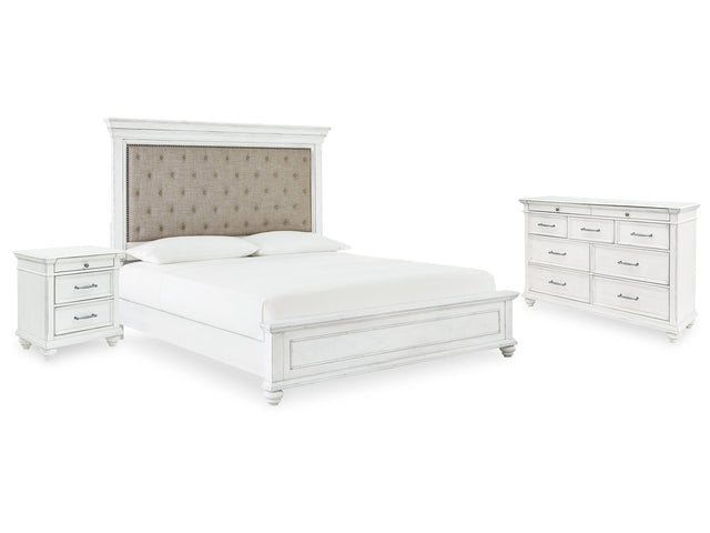 Kanwyn Whitewash Queen Upholstered Panel Bedroom Set with Dresser, and Nightstand - Ornate Home