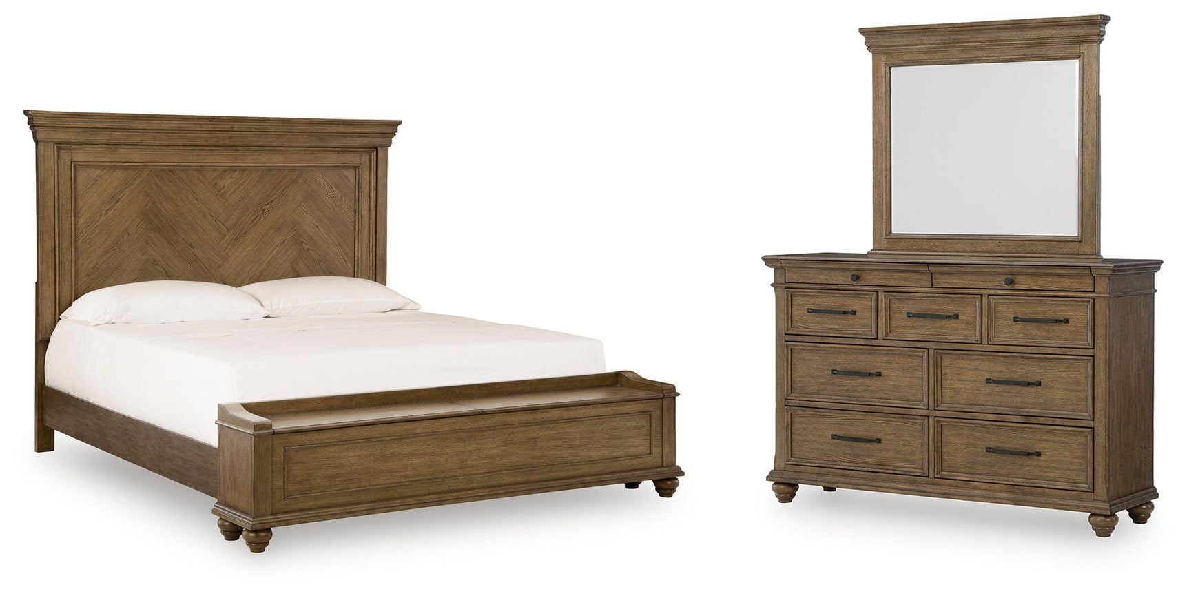 Karallin Medium Brown Queen Panel Storage Bed, Dresser and Mirror - Ornate Home