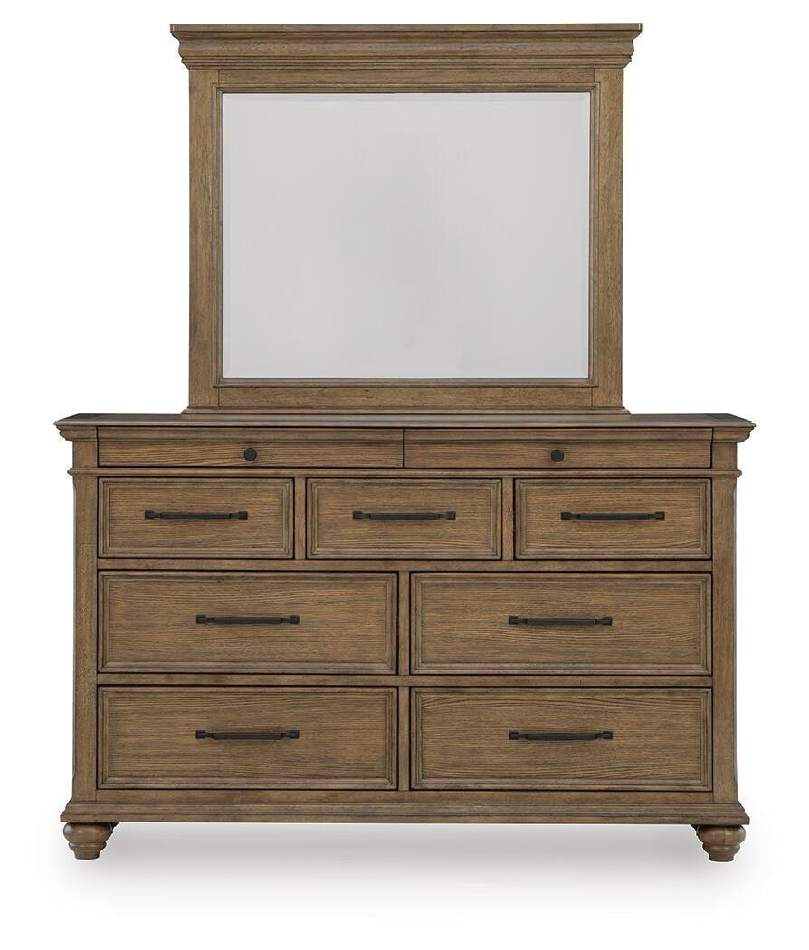Karallin Medium Brown Queen Panel Storage Bed, Dresser and Mirror - Ornate Home