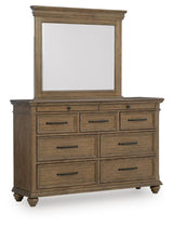 Karallin Medium Brown Queen Panel Storage Bed, Dresser and Mirror - Ornate Home