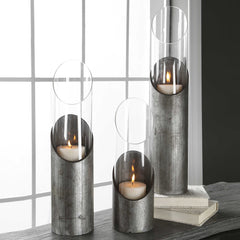 Karter Gray/Silver Iron & Glass Candleholders (Set of 3) - Ornate Home