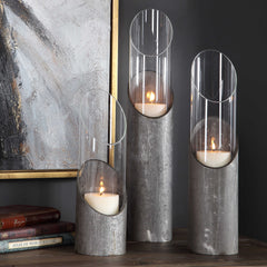 Karter Gray/Silver Iron & Glass Candleholders (Set of 3) - Ornate Home