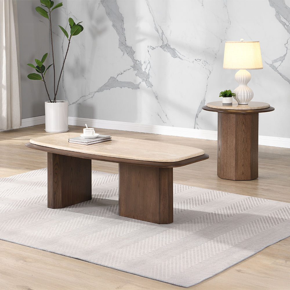 Kasha Travertine Top/Walnut End Table - Ornate Home
